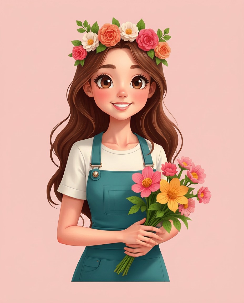 Illustrated florist with floral crown holding a bouquet
